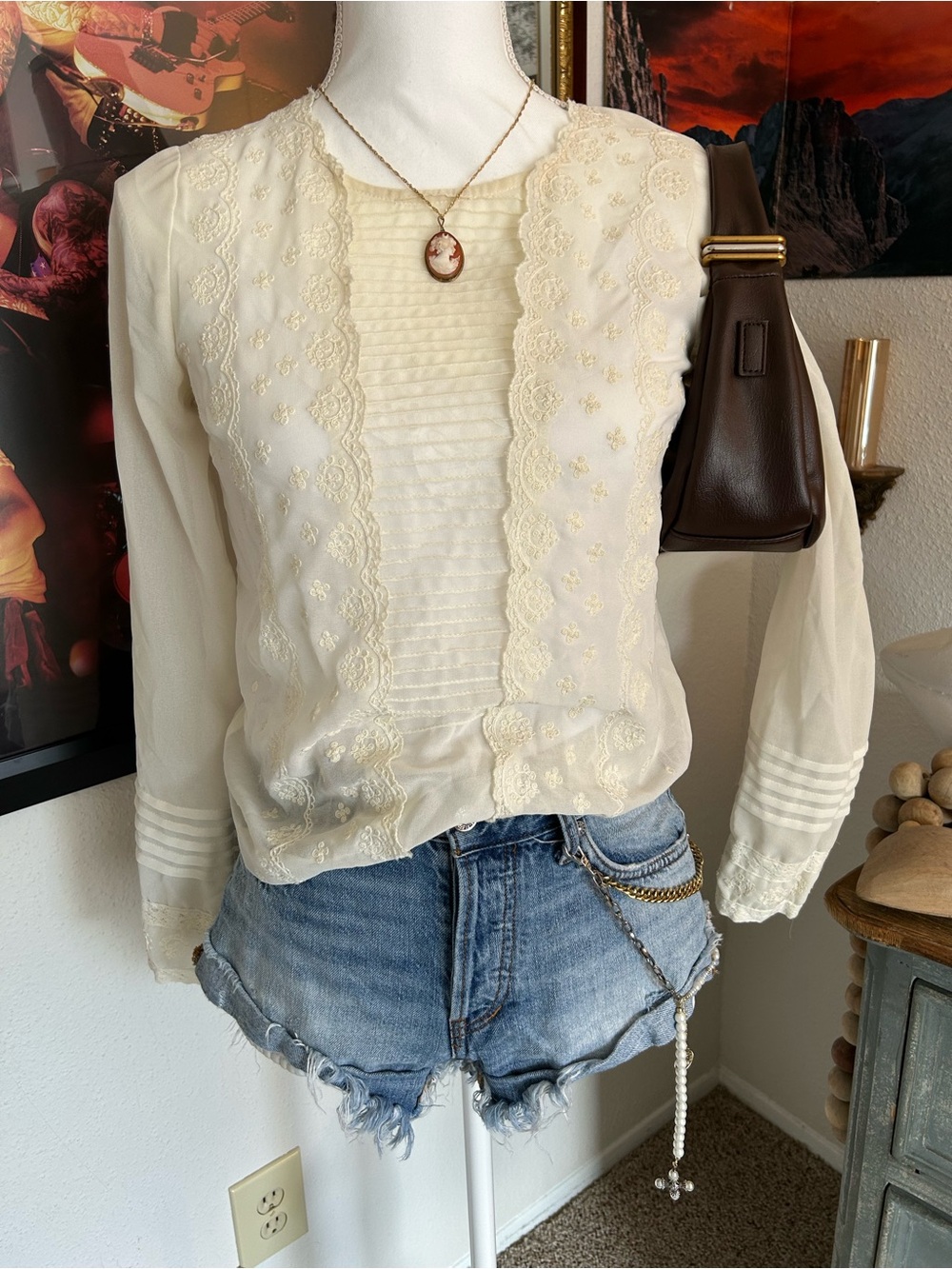 Ivory Embroidered Lace Sheer Blouse Size S Romantic Cottagecore Peasant Boho Vtg